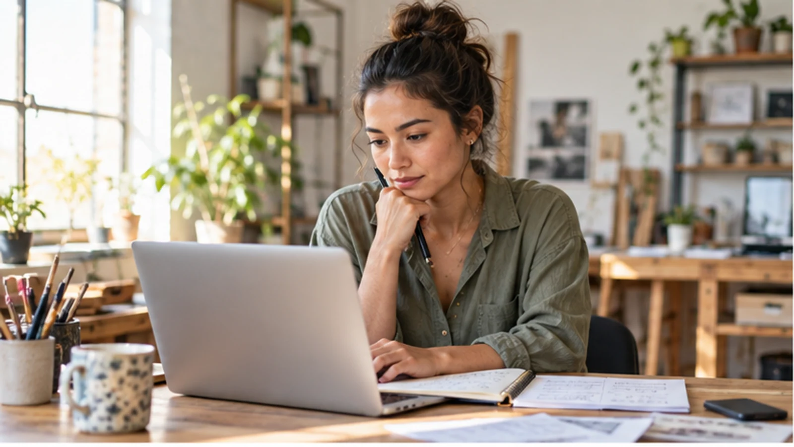 A solo business owner evaluates website options at a naturally lit studio desk.