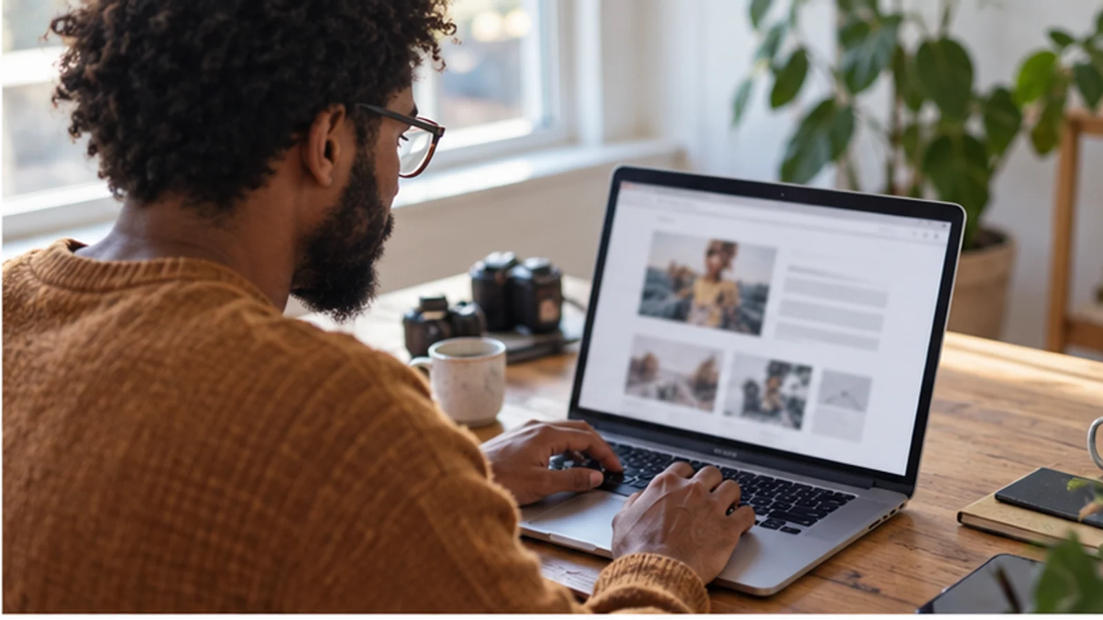 A creator works on a small-business website using a generic, deliberately unreadable laptop screen.