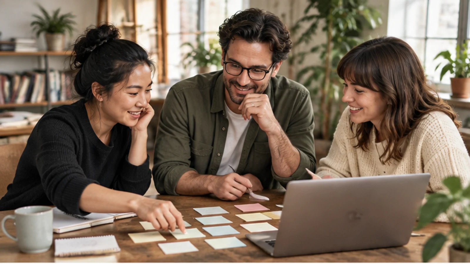 A lean content team plans recurring work together around a studio table.