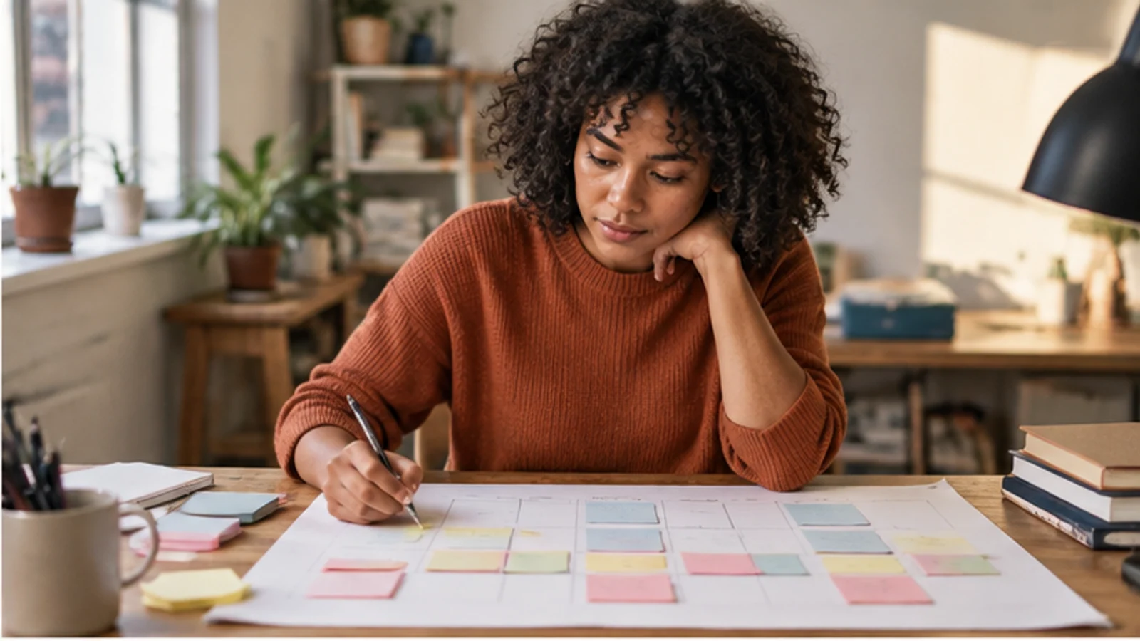 A solo editor organizes a weekly production plan with paper notes.