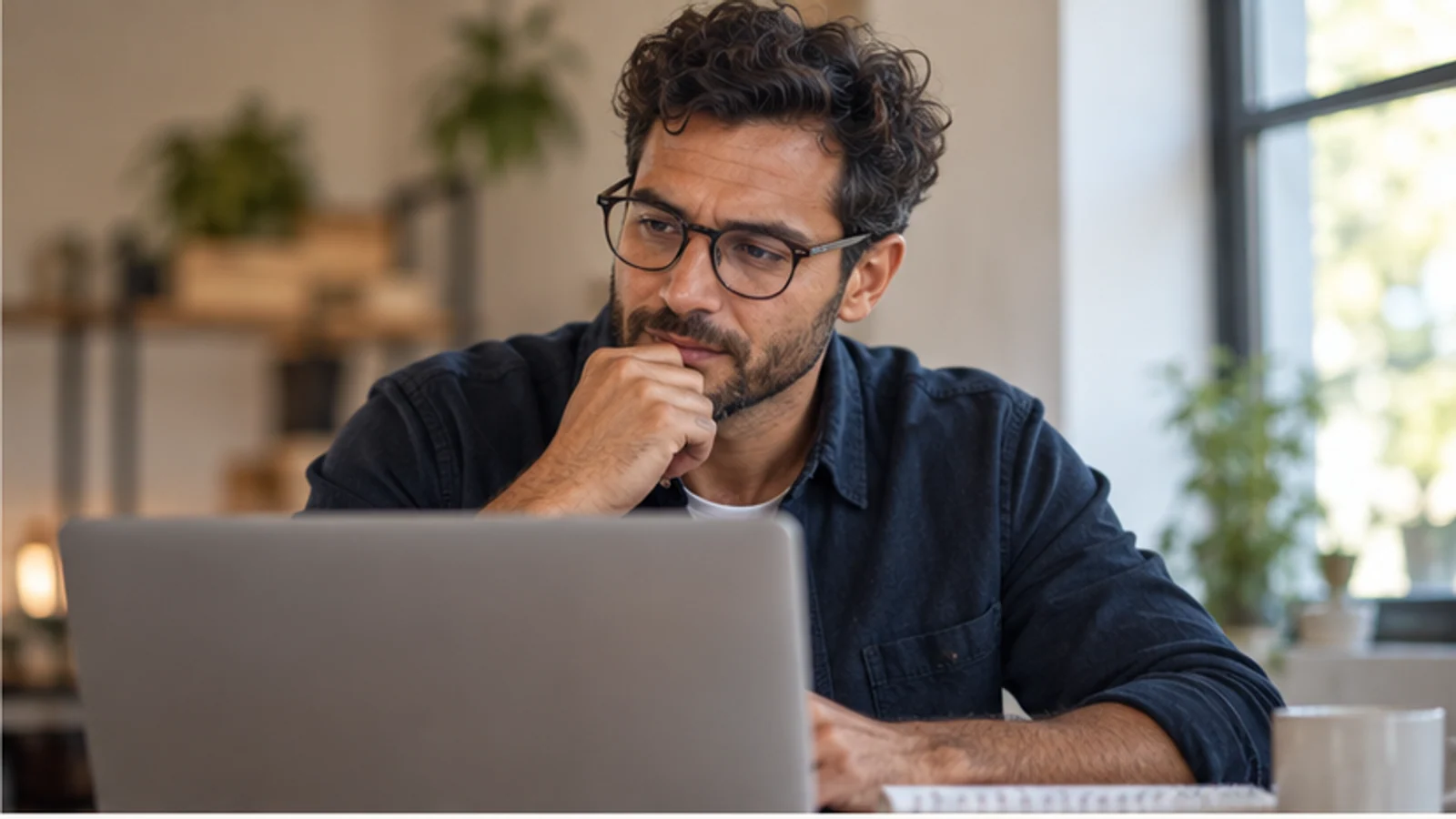 A small-business owner thoughtfully reviews an email workflow on a generic laptop.