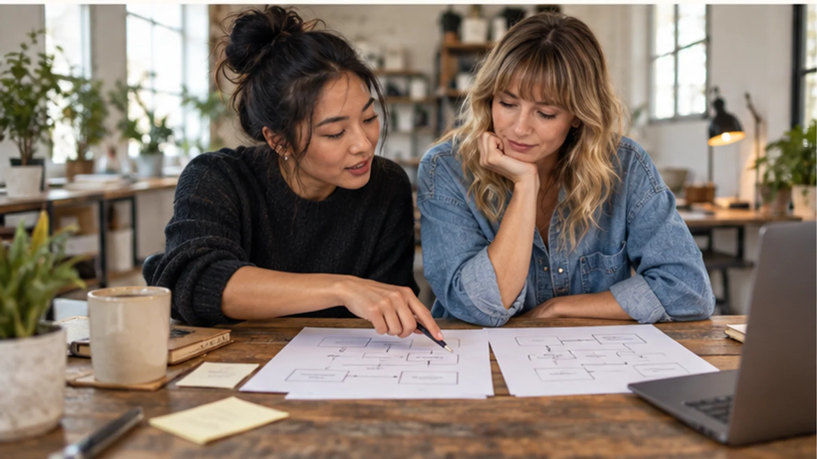 Two creators compare audience and email operating plans on paper.
