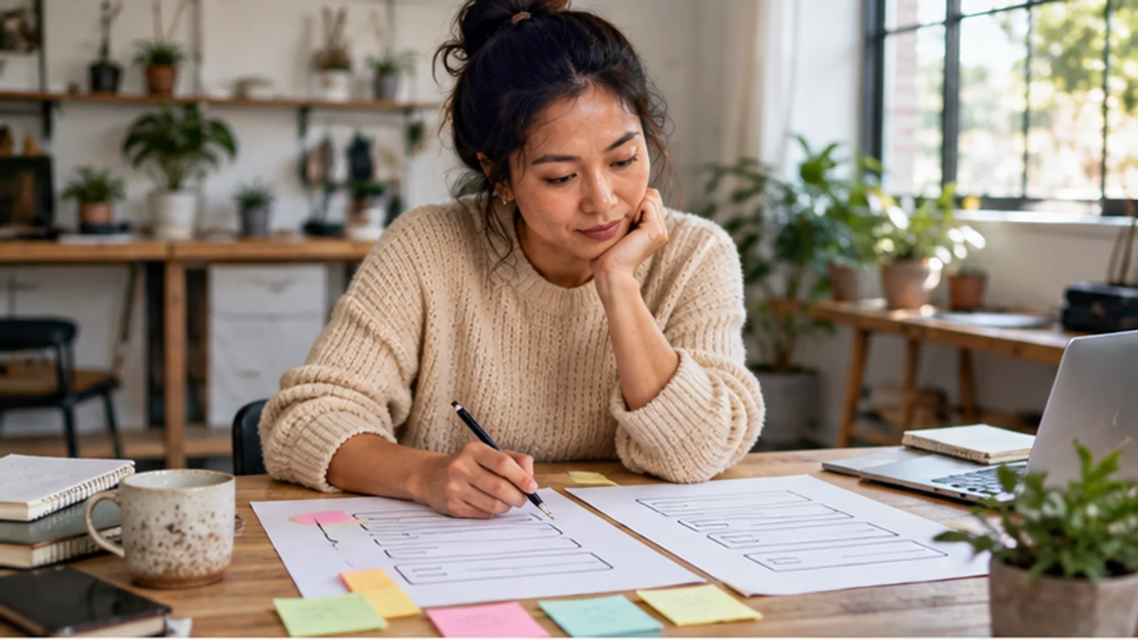 A solo operator plans a lead-capture form with paper fields and notes.