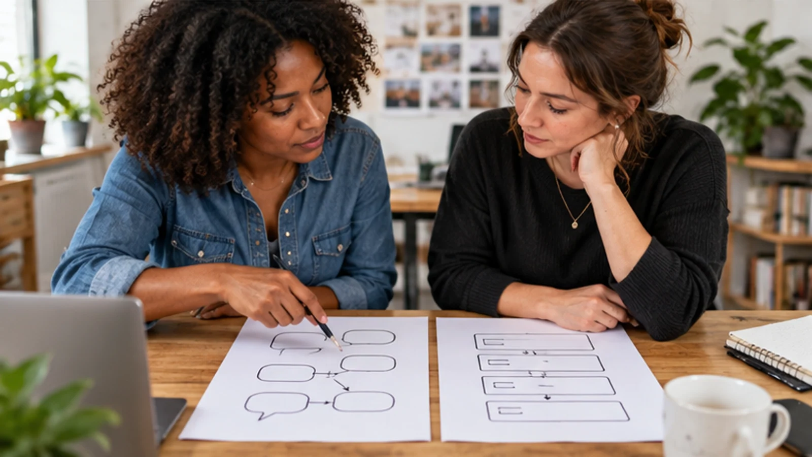 Two coworkers compare conversational and structured intake flows.