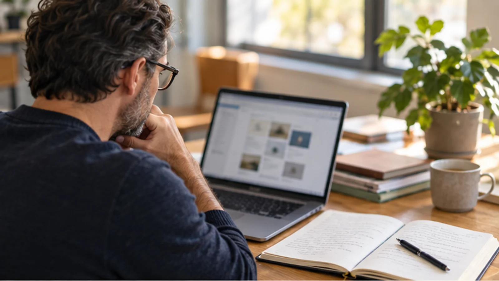 An operations lead reviews a generic knowledge workspace beside paper notes.